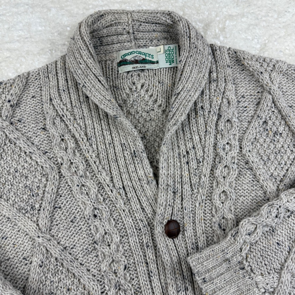 Aran Crafts Ireland Mens L Gray 100% Merino Wool Cable Knit Shawl Collar Sweater